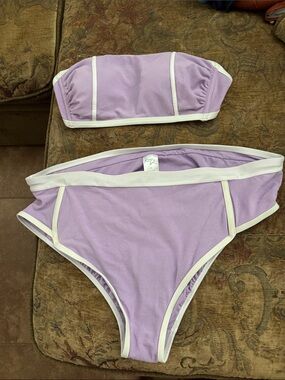 Kona Sol Lavender and White soft terry Bandeau Bikini Set